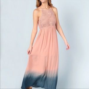Altar’d State ombre boho maxi dress, peach and navy, high neck crochet top